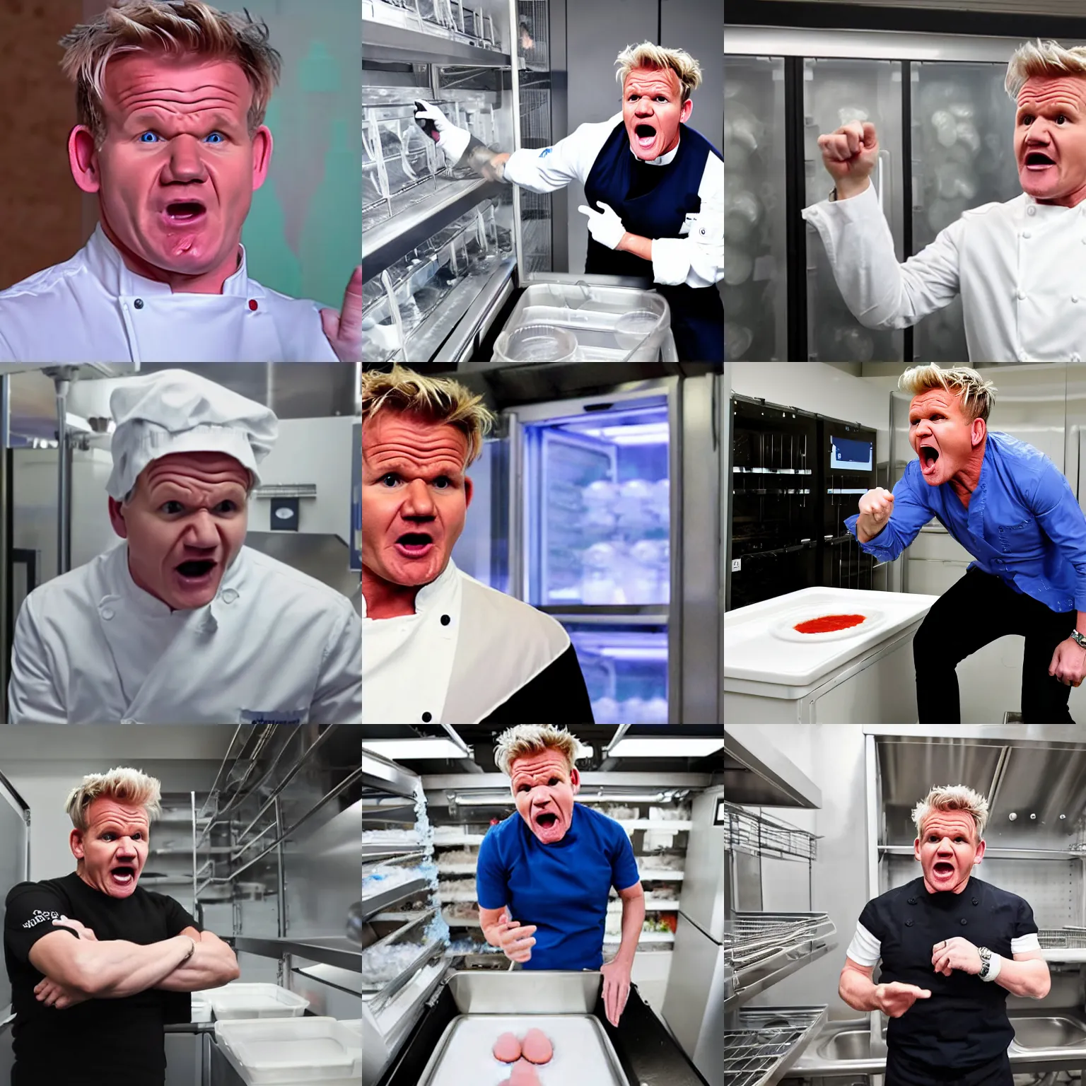 Prompt: gordon ramsay screaming at the frozen embryos in a fertility laboratory