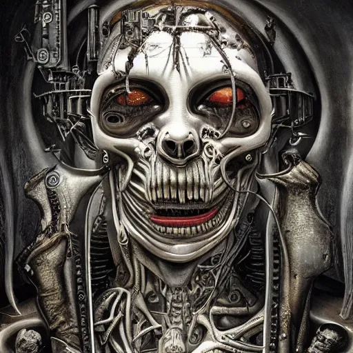 Image similar to the blasphemous caricature of the human body, cyborg, hyperealistic detailed photography, divinity, awful, religious art, cyberpunk, by h. r. giger