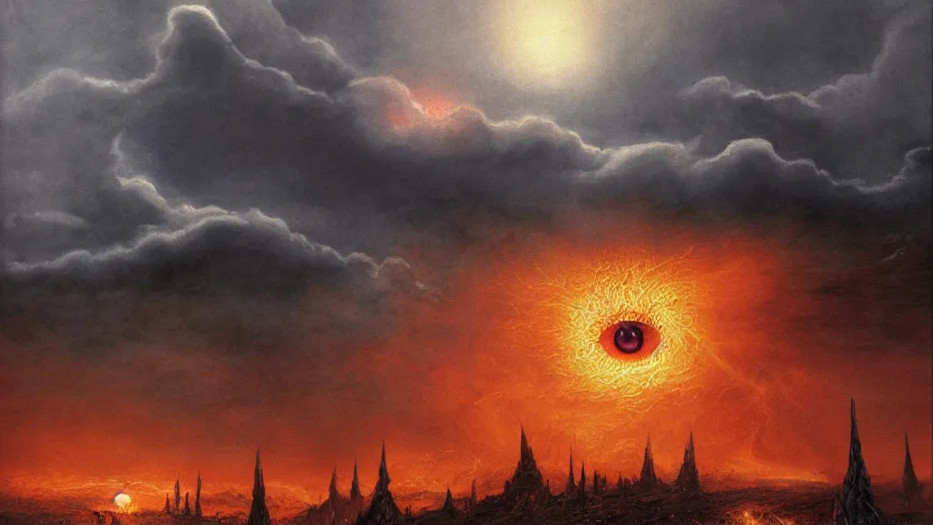 Prompt: morder, flaming eye of sauron in the dark clouds above. by alan lee, intricate, lord of the rings calendar, smooth, detailed terrain, oil painting, trending artstation, concept art, matte painting