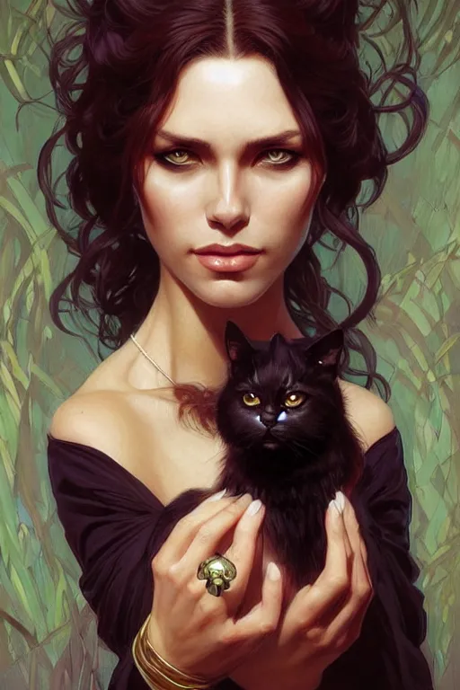 Image similar to portrait of a queen cat lady, dark, piercing eyes, gentle expression, elegant clothing, photorealistic, highly detailed, artstation, smooth, sharp focus, art by michael whelan, artgerm, greg rutkowski and alphonse mucha