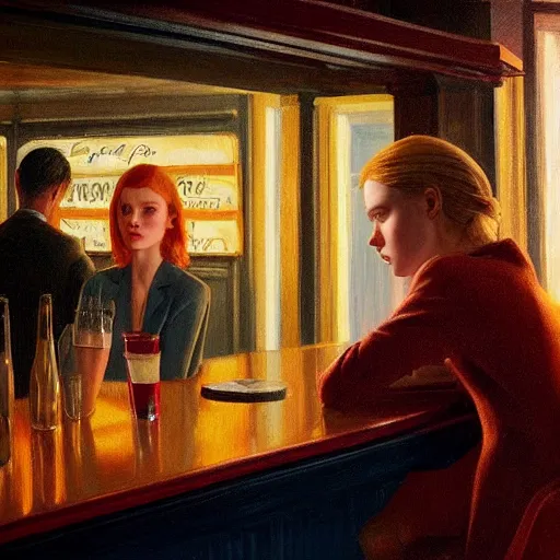 Image similar to Elle Fanning alone at a bar in the world of Edward Hopper, stormy weather, extremely detailed masterpiece, oil on canvas, low-key neon lighting, artstation, Blade Runner 2049, Roger Deakin’s cinematography, by J. C. Leyendecker and Peter Paul Rubens,