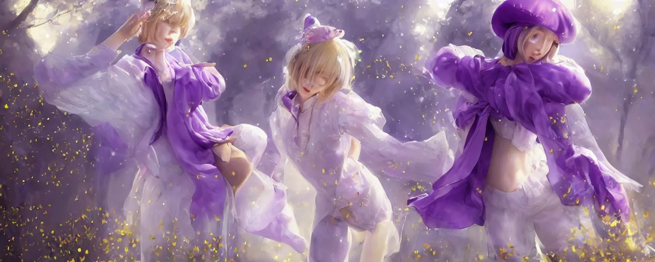 Image similar to Full View of a mysterious kpop fairy maidens with short blond hair wearing an oversized purple Beret, Baggy Purple overall shorts, Short Puffy pants made of silk, silk shoes, a big billowy scarf, Golden Ribbons, white leggings Covered in stars. Short Hair. peasant magic. masterpiece 4k digital illustration by Ruan Jia and Mandy Jurgens and Artgerm and william-adolphe bouguereau, award winning, Artstation, art nouveau aesthetic, Alphonse Mucha background, intricate details, realistic, panoramic view, Hyperdetailed, 8k resolution, intricate art nouveau, smooth, sharp focus