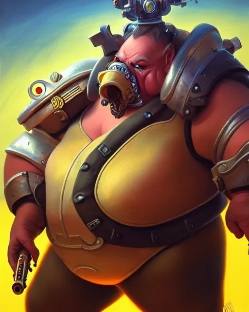 Image similar to roadhog from overwatch, character portrait, portrait, close up, highly detailed, intricate detail, amazing detail, sharp focus, vintage fantasy art, vintage sci - fi art, radiant light, caustics, by boris vallejo