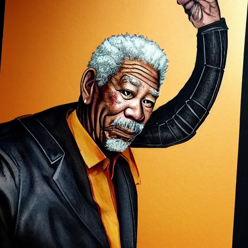 Prompt: A photorealistic illustration of Morgan Freeman wearing Gordon freeman's armor