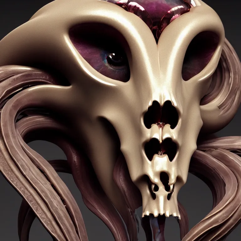 Image similar to goddess princess face close-up portrait ram skull. sculpture made of polished gold and matte obsidian. jellyfish phoenix head, nautilus, orchid, skull, betta fish, bioluminiscent creatures, intricate artwork by Tooth Wu and wlop and beeple. octane render, trending on artstation, greg rutkowski very coherent symmetrical artwork. cinematic, hyper realism, high detail, octane render, 8k