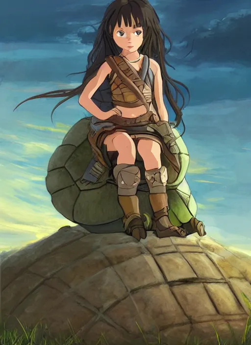 Prompt: portrait of a little warrior girl character sitting on top of a giant armored turtle in the desert, studio ghibli epic character with dark skin and beautiful green eyes, very beautiful detailed symmetrical face, long black hair, realistic legs, bright colors, diffuse light, dramatic landscape, fantasy illustration