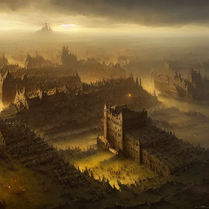 Image similar to matte painting by marc simonetti, jonathan solter, greg rutkowski of a viking battlefield, masterpiece, cinematic, hyperdetailed, photorealistic, hyperrealism, architecture, aerial view,