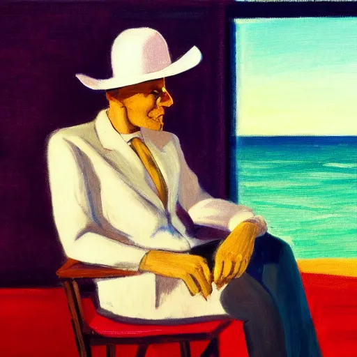 Image similar to a portrait painting of a man in a suit and a skull as his head sitting by the beach, 1 9 5 0 ad campaign, in the style of edward hopper, in the style of edward hopper and david hockney, 4 k,