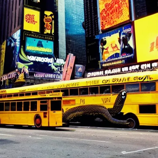 Prompt: giant snake eats yellow school bus, bus swallowed by giant snake, time square, cinematic, dramatic, film still