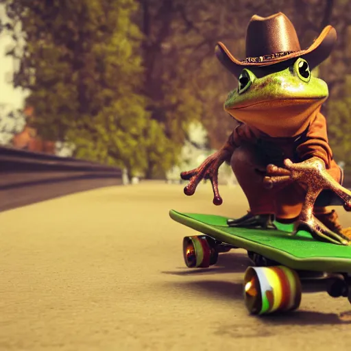 Image similar to a frog wearing a cowboy hat and riding a skateboard, award winning, trending on artstation, unreal engine