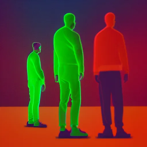 Image similar to a computer rendition by beeple, a small silhouette of a man standing in front of three : orange, green and cyan neon glowing vertical stripes, trending on artstation, 8 k resolution