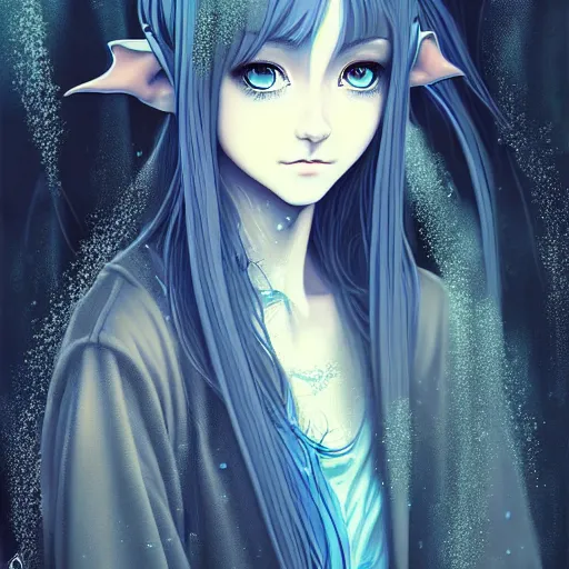 Prompt: highly detailed portrait of an elven fairy, in the rain, highly detailed, painting, dark blue and black color palette, intricate, high quality anime artstyle, in the style of ilya kuvshinov