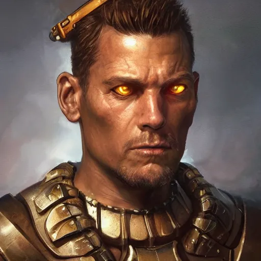 Image similar to the doomslayer as a realistic d & d fantasy character, closeup portrait art by donato giancola and greg rutkowski, vintage retro, realistic face, digital art, trending on artstation, symmetry!!