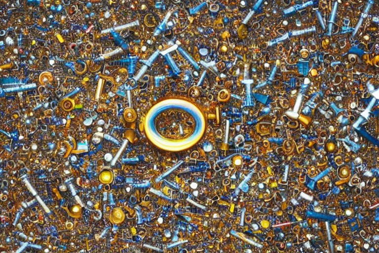 Prompt: A vibrant photograph of Earth with a ring like Saturn\'s, composed entirely of lost bolts, fasteners, and garbage in space, wide shot