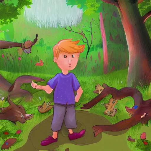 Prompt: little boy lost in the magical forest, concept art