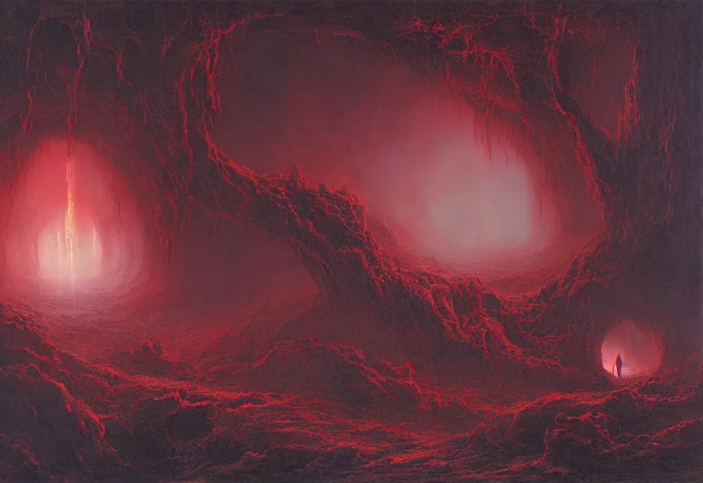 Image similar to will farrell entering a chasm full of unspeakable cosmic horrors, horror, blood red, terrifying atmosphere, atmospheric, by greg rutkowski and zdzisław beksinski, 8 k