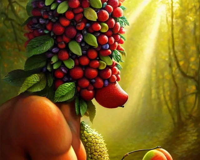 Image similar to a fruit monster made of different fruit, 3 7 1, walking around in forest, detailed mouth, detailed eyes, forest background, trees and flowers, trees in foreground, rays of golden sunlight, oil painting, highly detailed, dramatic lighting, hyperrealistic, smooth, artstation, cgsociety, by artgerm, by wlop