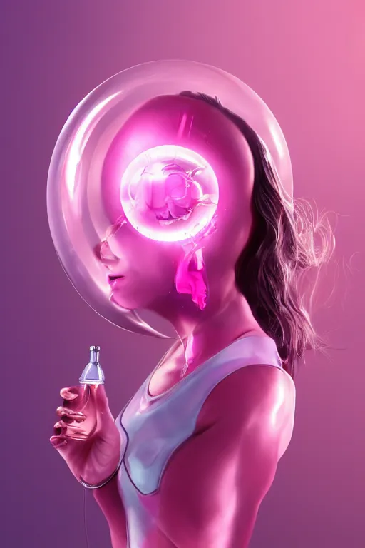 Prompt: Pink Vapor Inhalation Machine Connected to a Spherical Bottle of Pink Liquid by a Tube, Pink Vapor Leaking from an Oxygen Mask, beautiful woman, fantasy, magic, ultra detailed, digital art, trending on artstation, illustration, medical laboratory
