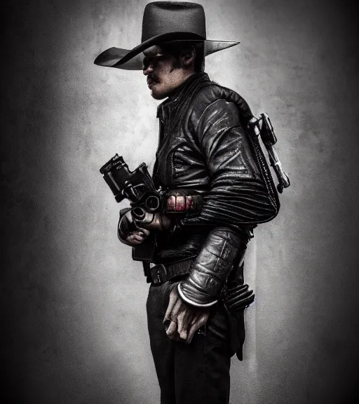 Prompt: hd pro photo portrait of gunslinger standing in front of darktower dramatic Leica Zeiss cinematic noir giger trending on Flickr artstation