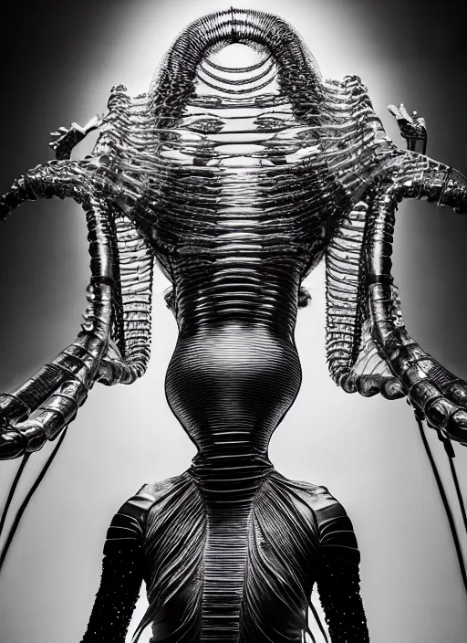 Image similar to walking down the catwalk, steven klein, show, stage, vogue photo, podium, fashion show photo, historical baroque dress, iris van herpen, beautiful woman, full body shot, masterpiece, inflateble shapes, alien, predator, guyver, jellyfish, white biomechanical details, highly detailed