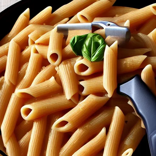 Image similar to penne pasta with arms made of penne pasta carrying a glock-19, photorealistic