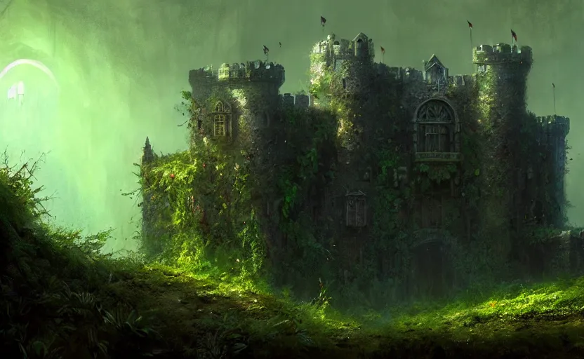 Image similar to an old castle covered by plants with moody and cinematic lighting by greg ruthkowski and craig mullins, cinematic and atmospheric, concept art, artstation, trending on artstation