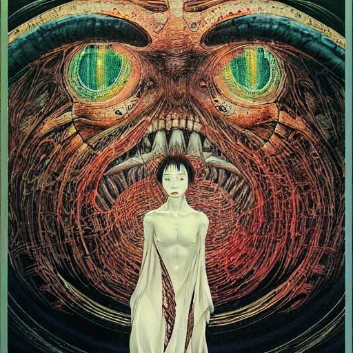 Image similar to simple concept art portrait of, ‘ the carnivore alien ’. an award winning yoshitaka amano digital art poster, by james gurney and gerhard richter. art by takato yamamoto. masterpiece, deep colours.