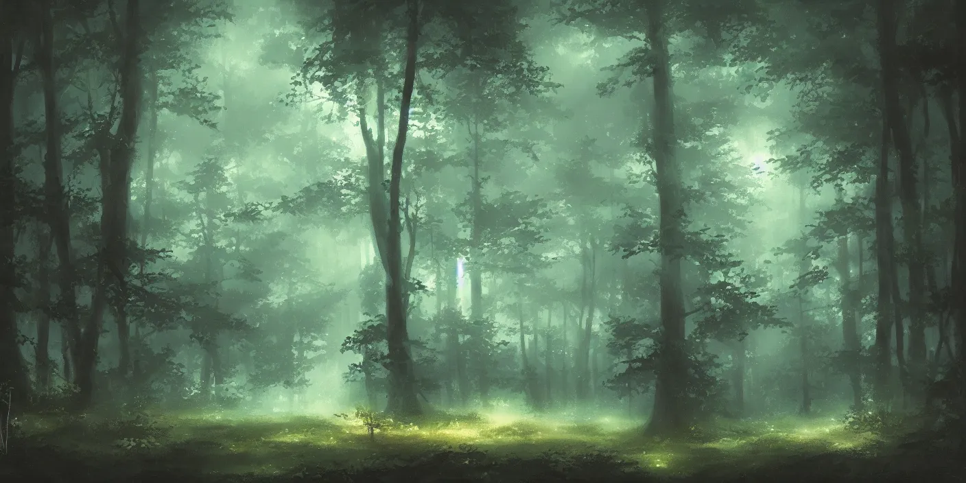 Image similar to a forest at night, cinematic angle, studio Ghibli, cinematic lighting, digital art, detailed oil painting, hyperrealistic, 8k