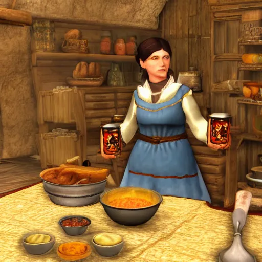 Image similar to mediaeval cooking mama skyrim, 4 k