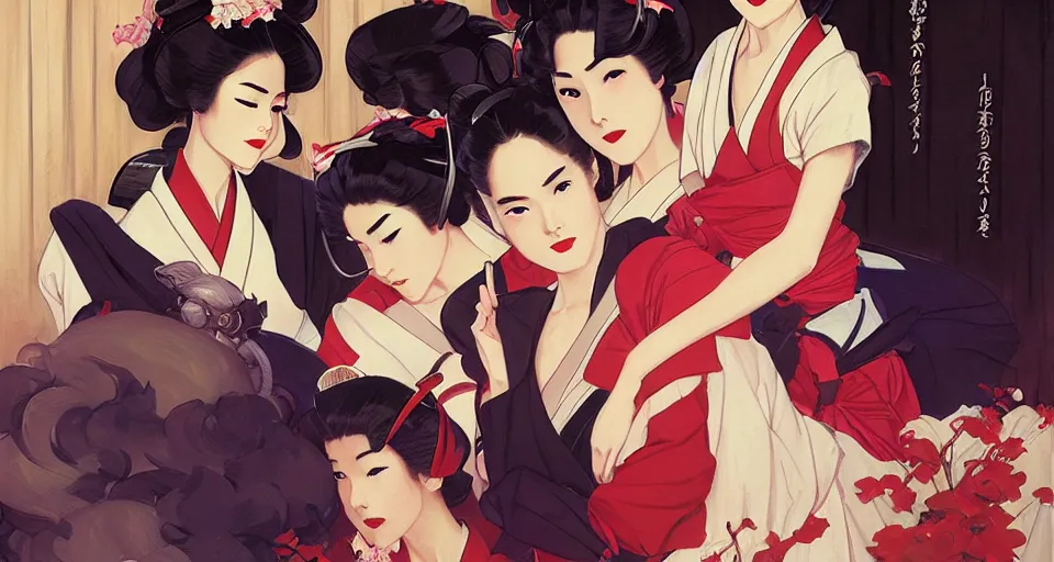 Image similar to geisha school, in the style of studio ghibli, j. c. leyendecker, greg rutkowski, artgerm