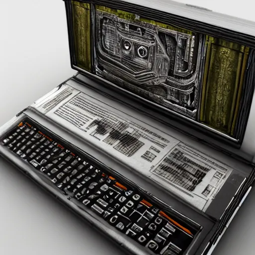 Image similar to Portable computer in ancient time, highly detailed, highly realistic, artstation, by Hans Giger