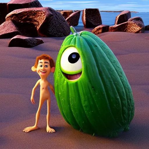 Prompt: cocumber character makes vocation on a beach, pixar style, detailed