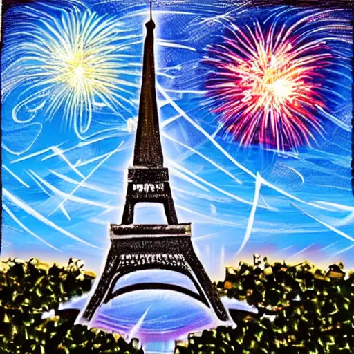 Prompt: Eiffel Tower with fireworks in the sky painting in the style of Starry Night