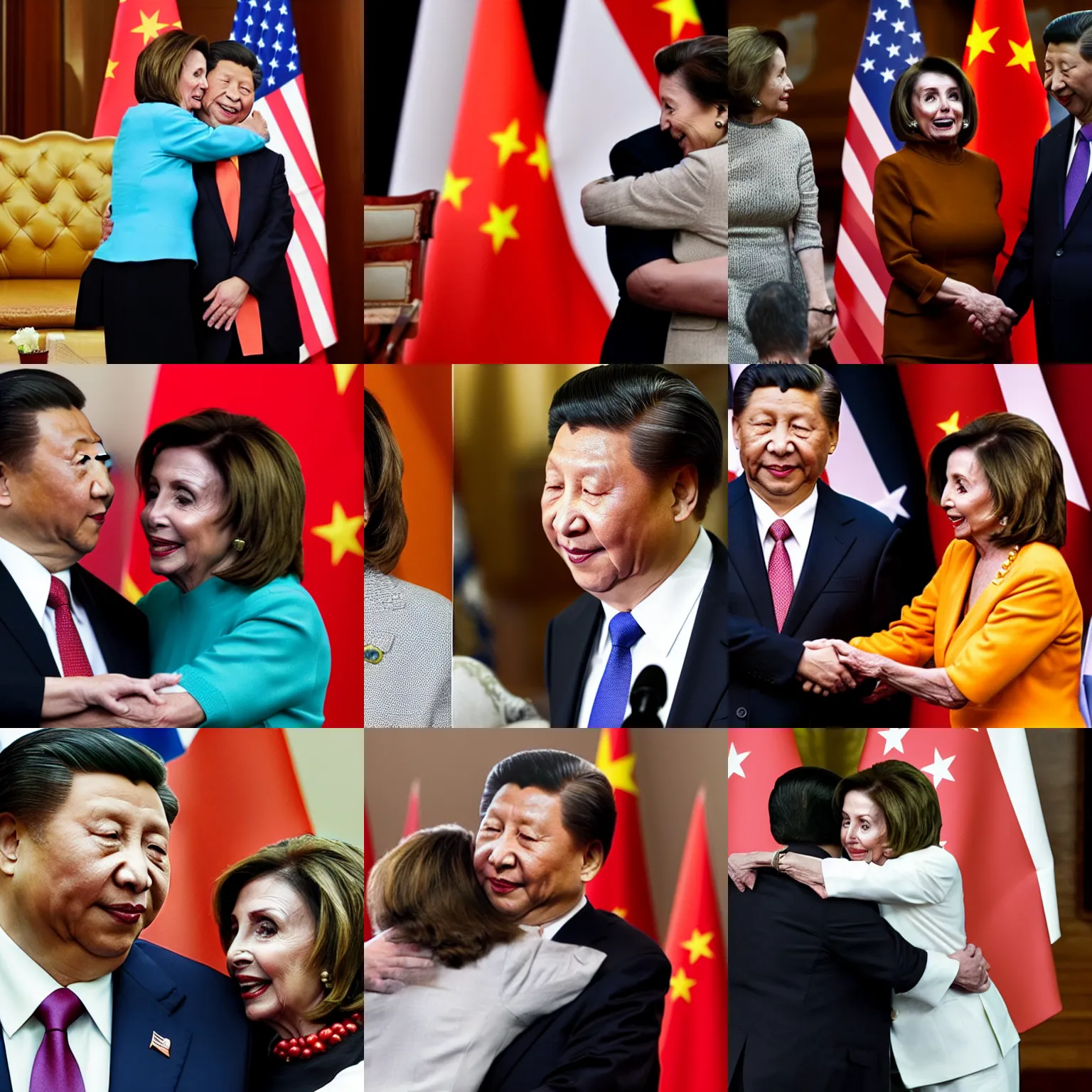 Prompt: high resolution photograph of Nancy Pelosi and Xi Jinping hugging