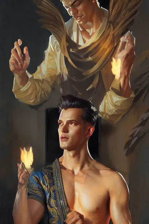 Image similar to male, temple, taoism, painting by greg rutkowski, j. c. leyendecker, artgerm