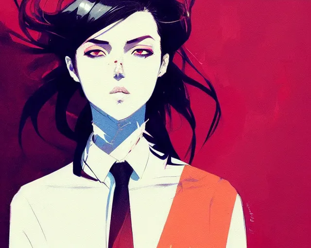 Image similar to a ultradetailed beautiful panting of a stylish woman wearing a shirt with a tie, she has black hair, by conrad roset, greg rutkowski and makoto shinkai, trending on artstation