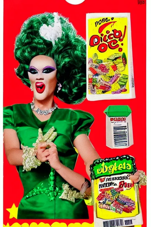 Image similar to drag queen on pickles cereal box, vintage packaging