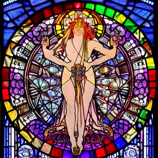 Prompt: burning man, goddess of sparkles, rainbow, mushrooms, third eye, intricate, stained glass by alphonse mucha