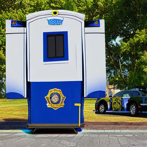 Image similar to a porta potty police car, photo realistic, award winning photography