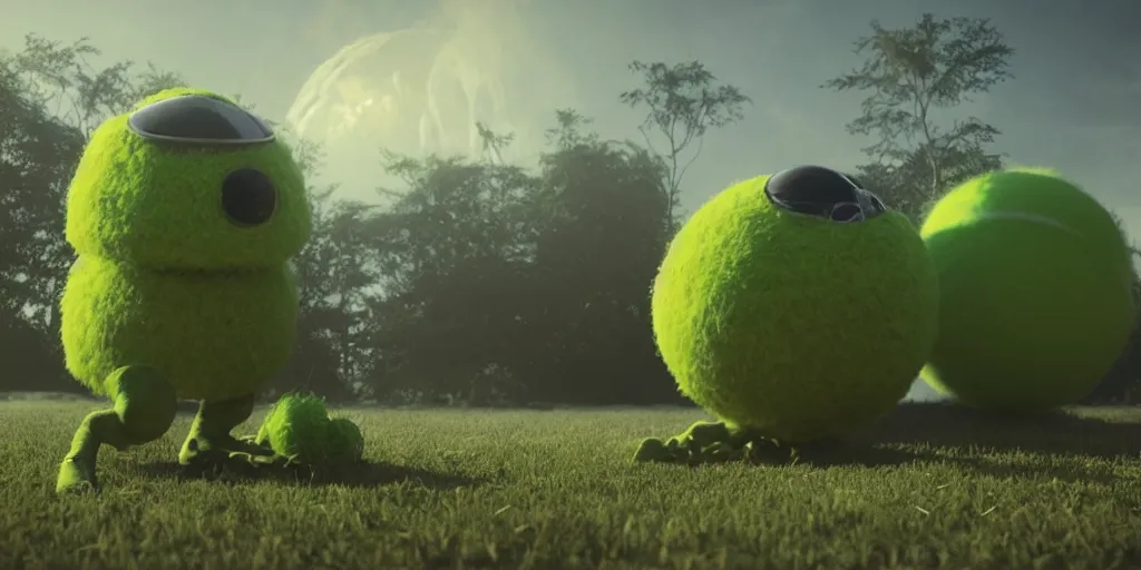 Image similar to a photo of 8 k ultra realistic giant tennis ball monster, tennis ball monsters, creepy, weird, funny, exotic, cinematic lighting, trending on artstation, 4 k, hyperrealistic, focused, high details, unreal engine 5, cinematic, alien planet atmosphere in background, 3 d render by basil gogos and beeple