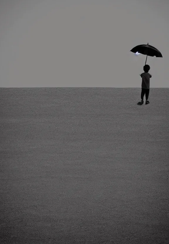 Image similar to little boy standing, holding umbrella in front of playground, at night, full moon, minimalist, black and white artwork, anime style