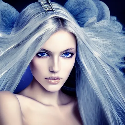 Prompt: incredibly beautiful portrait of A wonderful topmodel girl who looks like a priestess of love. With blue eyes. White hair.