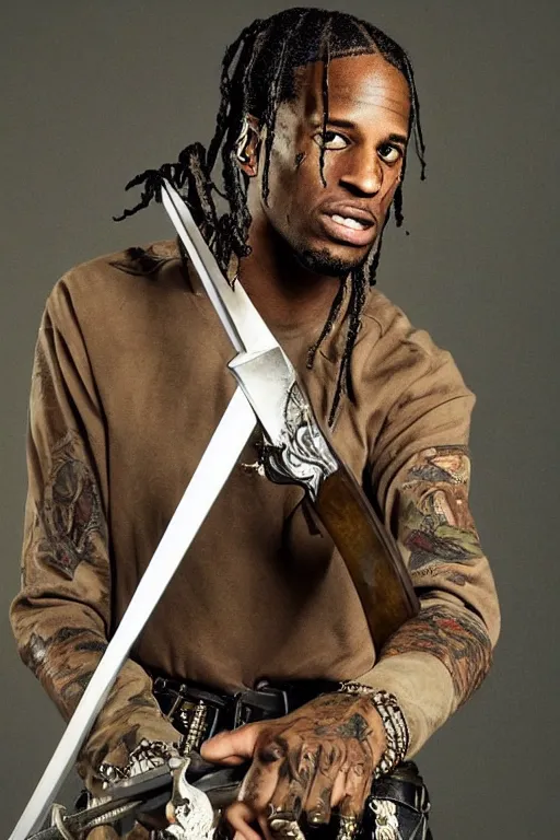 Image similar to travis scott holding a sword