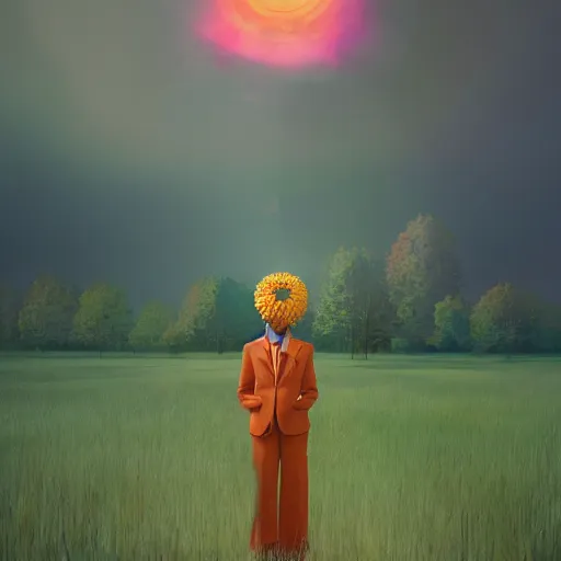Image similar to giant daisy flower under head, standing frontal, a girl in a suit, surreal photography, sunrise, dramatic light, impressionist painting, digital painting, artstation, simon stalenhag