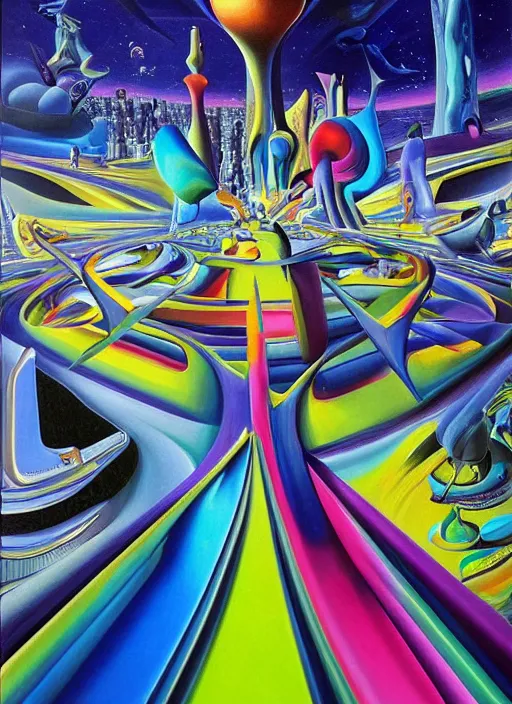 Image similar to an extremely high quality hd surrealism painting of a 3d galactic neon complimentary-colored cartoon surrealism melting optically illusiony high-contrast zaha hadid futuristic cityscape entrance by kandsky and salvia dali the second, salvador dali's much much much much more talented painter cousin, clear shapes, 8k, realistic shading, ultra realistic, super realistic