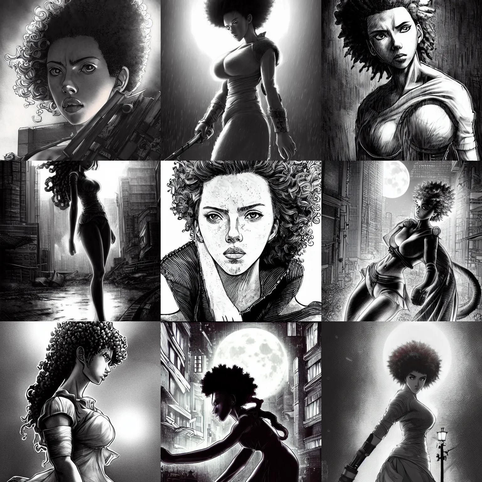 Prompt: realistic, elegant, intricate detail, looking towards camera, stoic pose, scarlett johansson, afro samurai anime style, full body profile, dynamic wide angle lens, manga style, by rey bustos, pencil and ink, full moon lighting, fully clothed, in a post apocalyptic city, dramatic lighting, super accurate human anatomy!!!