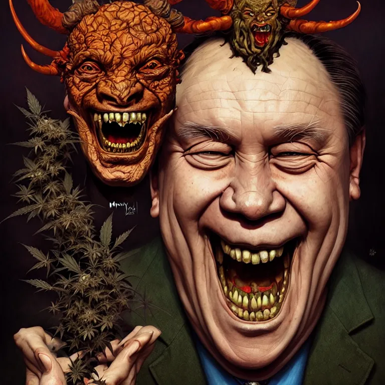 Image similar to a portrait of a devil mad cannabis premier francois legault in 2 0 2 1 illustrated by miyazaki by karol bak, james jean, tom bagshaw, rococo, sharp focus, trending on artstation, cinematic lighting, hyper realism, octane render, 8 k, hyper detailed, vivid, ultra detailed, highly detailed