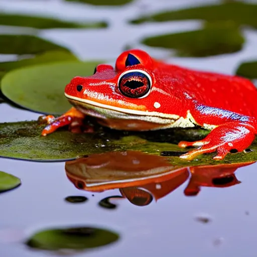 Image similar to photograph of a red frog on a lily pad in a swamp