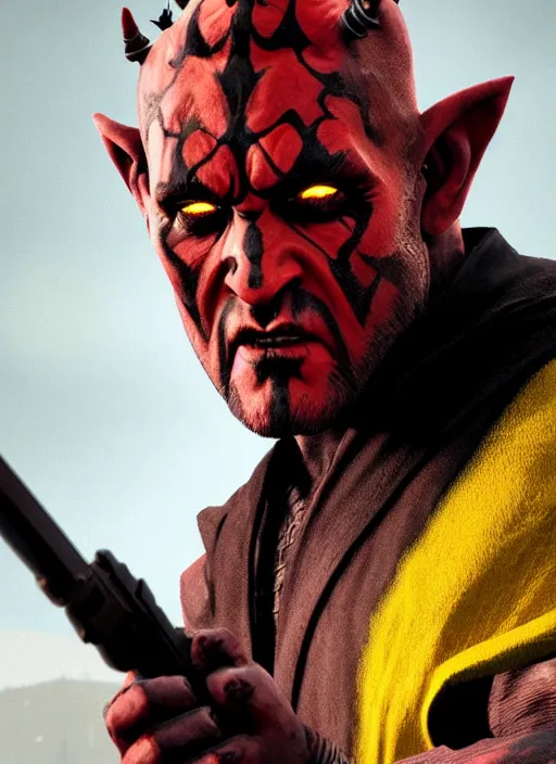 Image similar to highly detailed poster of darth maul with yellow eyes in gta v, unreal engine, fantasy art by greg rutkowski, global illumination, radiant light