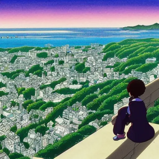 Prompt: a black lady looking out over a city, Miyazaki, studio ghibli